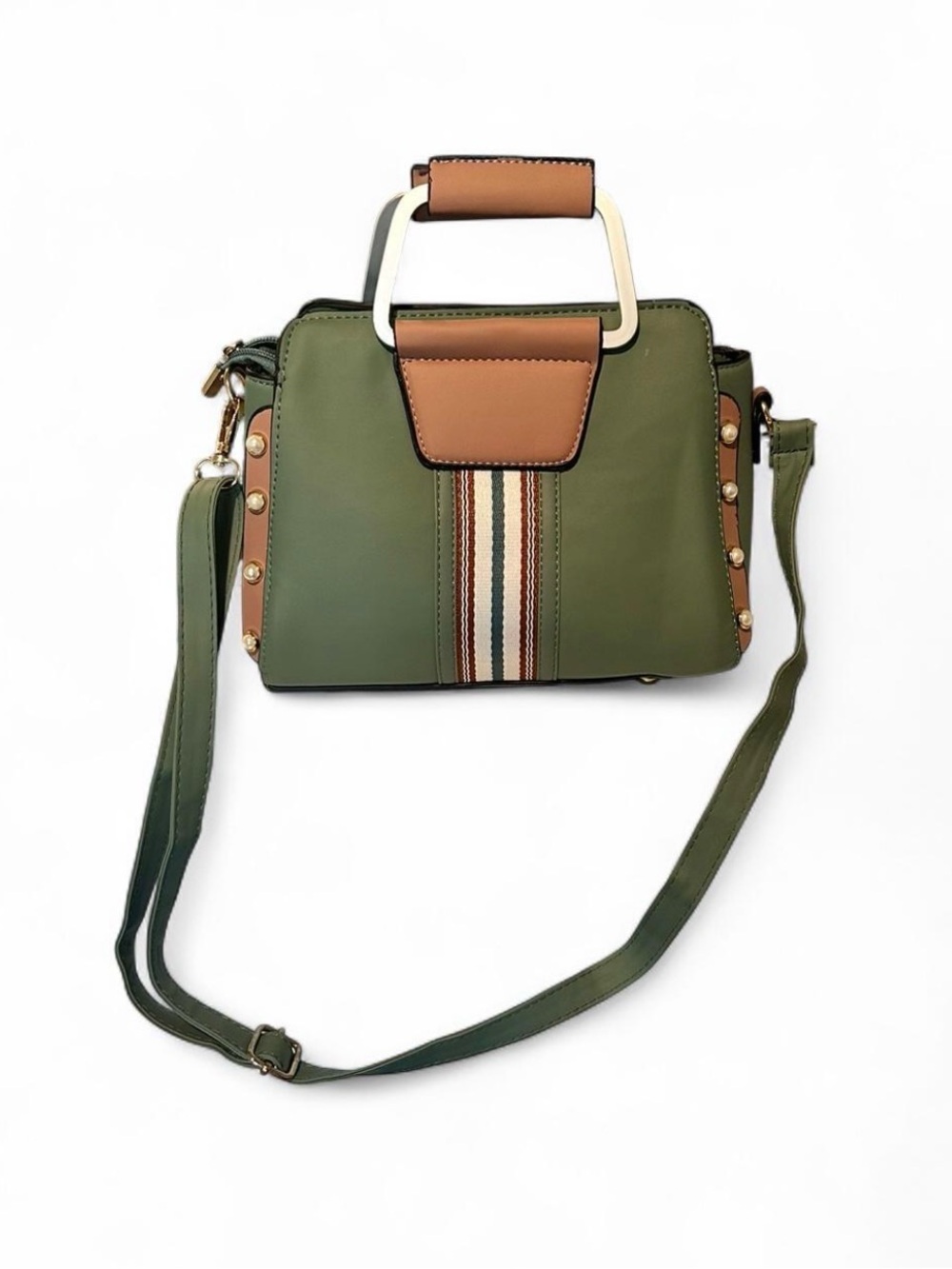 Olive Green & Tan Structured Crossbody Satchel